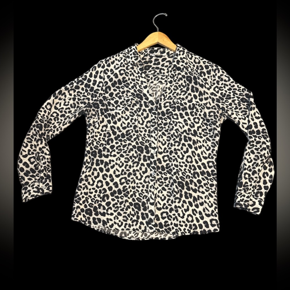 Candie’s Rayon Snow Leopard Long Sleeve Button Down Blouse